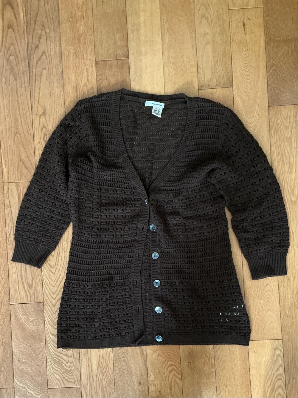 DKNY Brown Crochet V-Neck Button-Front Cardigan